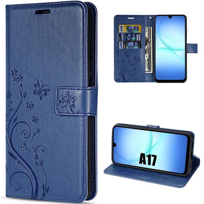 Protective Case - BOOLING - for Samsung Galaxy A17 4G/5G - Navy Blue Floral Embossed Synthetic Leather