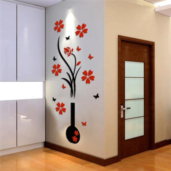 3D Plum Blossom Vase Wall Sticker Living Room TV Background Decal Mural Decor