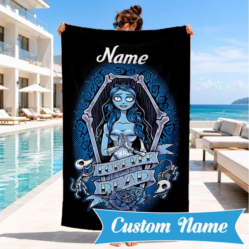 Custom Name Corpse Bride Art Heart In Space Adventure Microfiber Beach Towel, Lightweight for Summer Travel, Swimming Pool Fan Gift