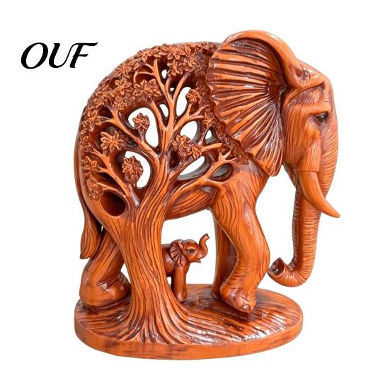 Decorative Statues for Shelves Hollow Carved Mother and Baby Elephant Statue, Resin Figurine, Good Symbolic Animal Luck Sculpture Home Shelf Tabletop