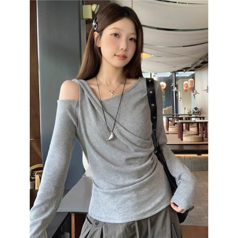 Gray Off-the-Shoulder Ruched Slim-Fit Long-Sleeve T-shirt for Women - Early Autumn Design