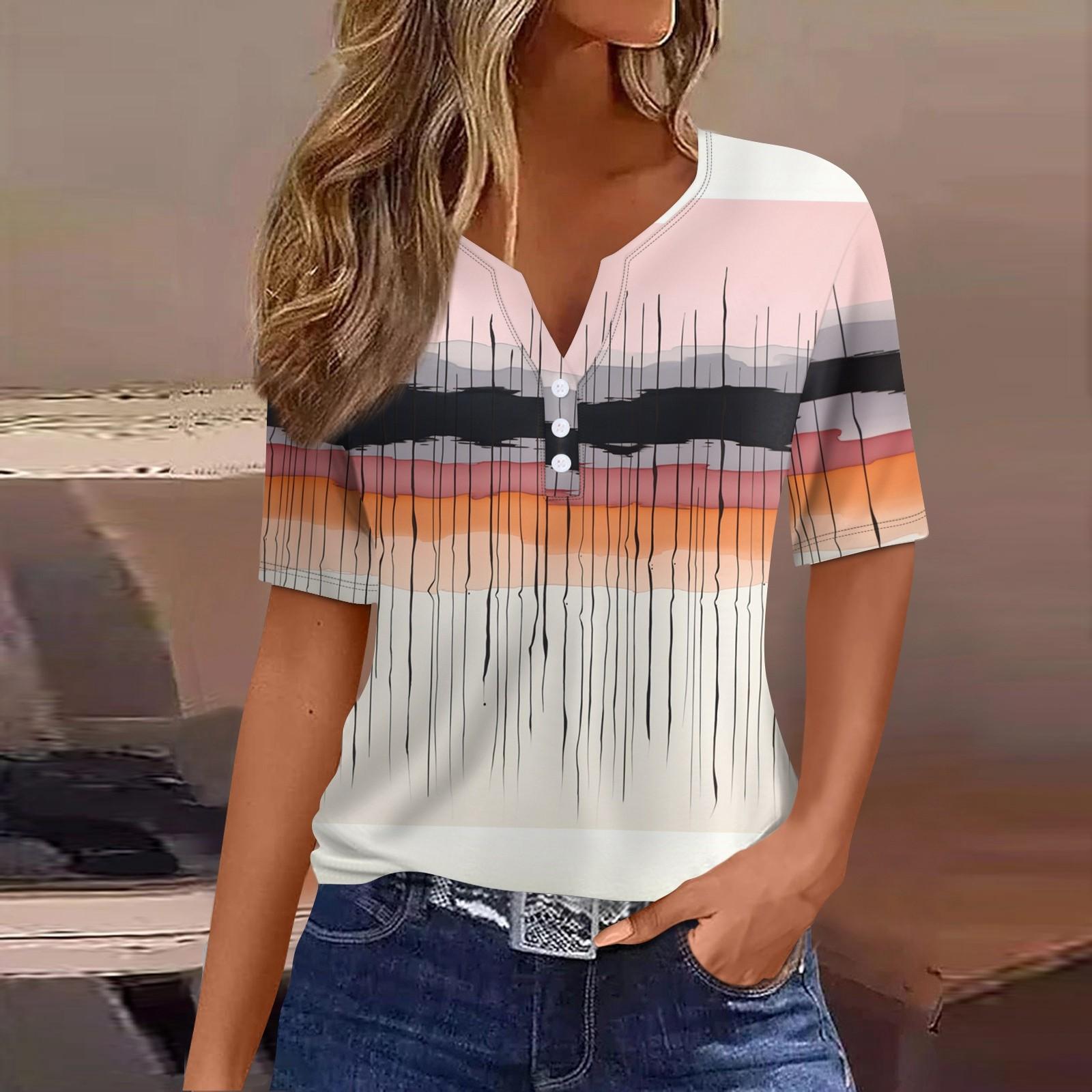 

Жіноча футболка з принтом на ґудзиках, з коротким рукавом, щоденна мода на вихідні, базовий V-подібний виріз, звичайний топ XXXL помаранчевий