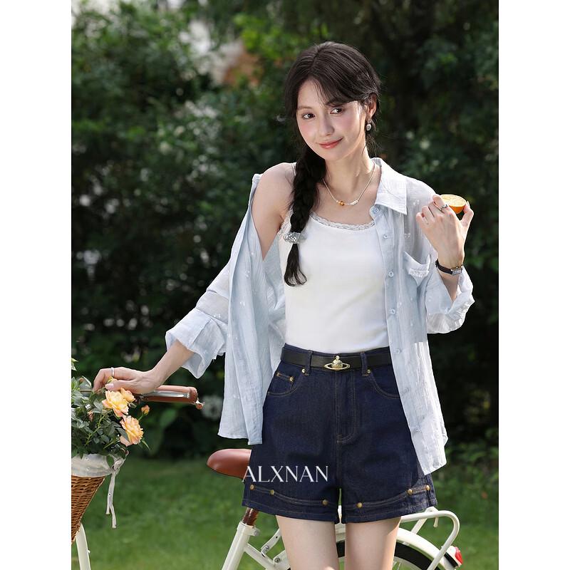 

Luxiangnan Retro Blue High-Waist Loose Denim Shorts L