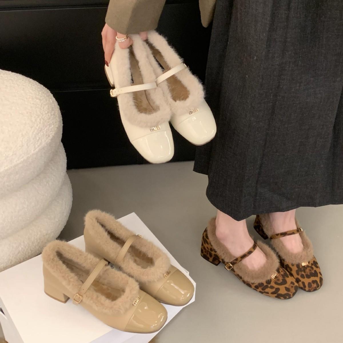 

2025 autumn new round head with fluffy leopard print thick middle heel versatile velvet Mary Jane women s shoes 39 хаки