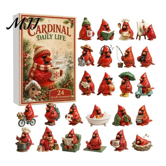 Bird Themed Hanging Ornaments Acrylic Christmas Advent Calendar Box with 24 Ornaments, Desktop Display Festive Countdown Decoration for Home