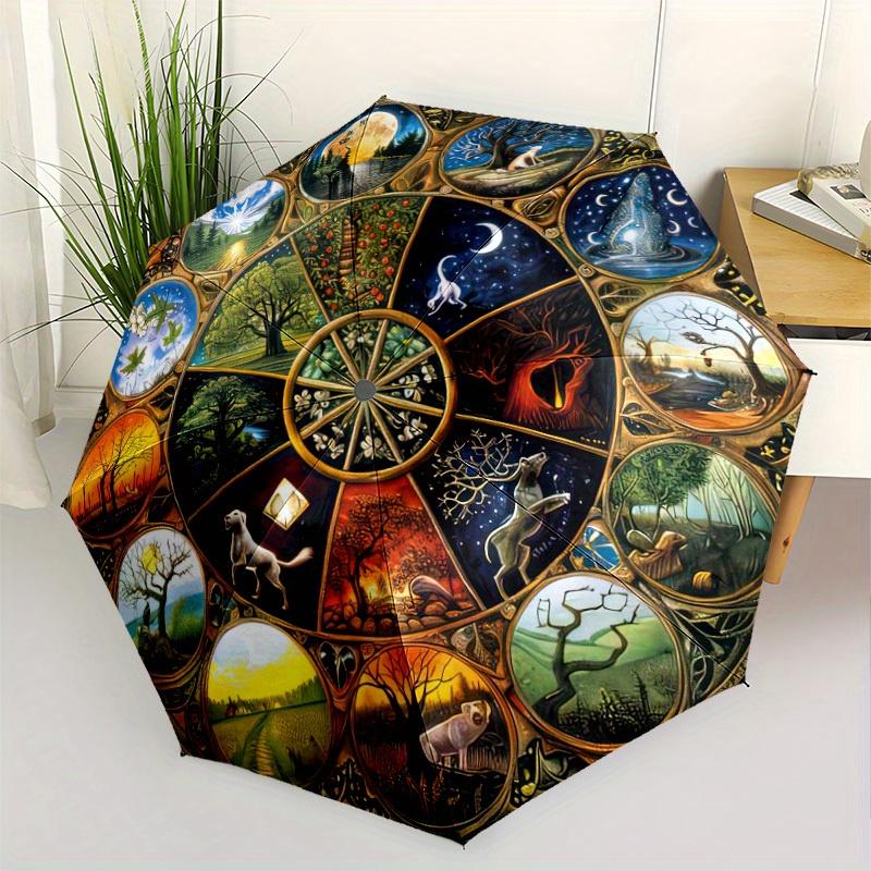 

1pc Automatic Folding umbrella with Seasonal Artwork - Compact Lightweight Travel Umbrella, Auto Open/Close, Sturdy 8-Rib Shaf (as the picture,Iron&8K)
