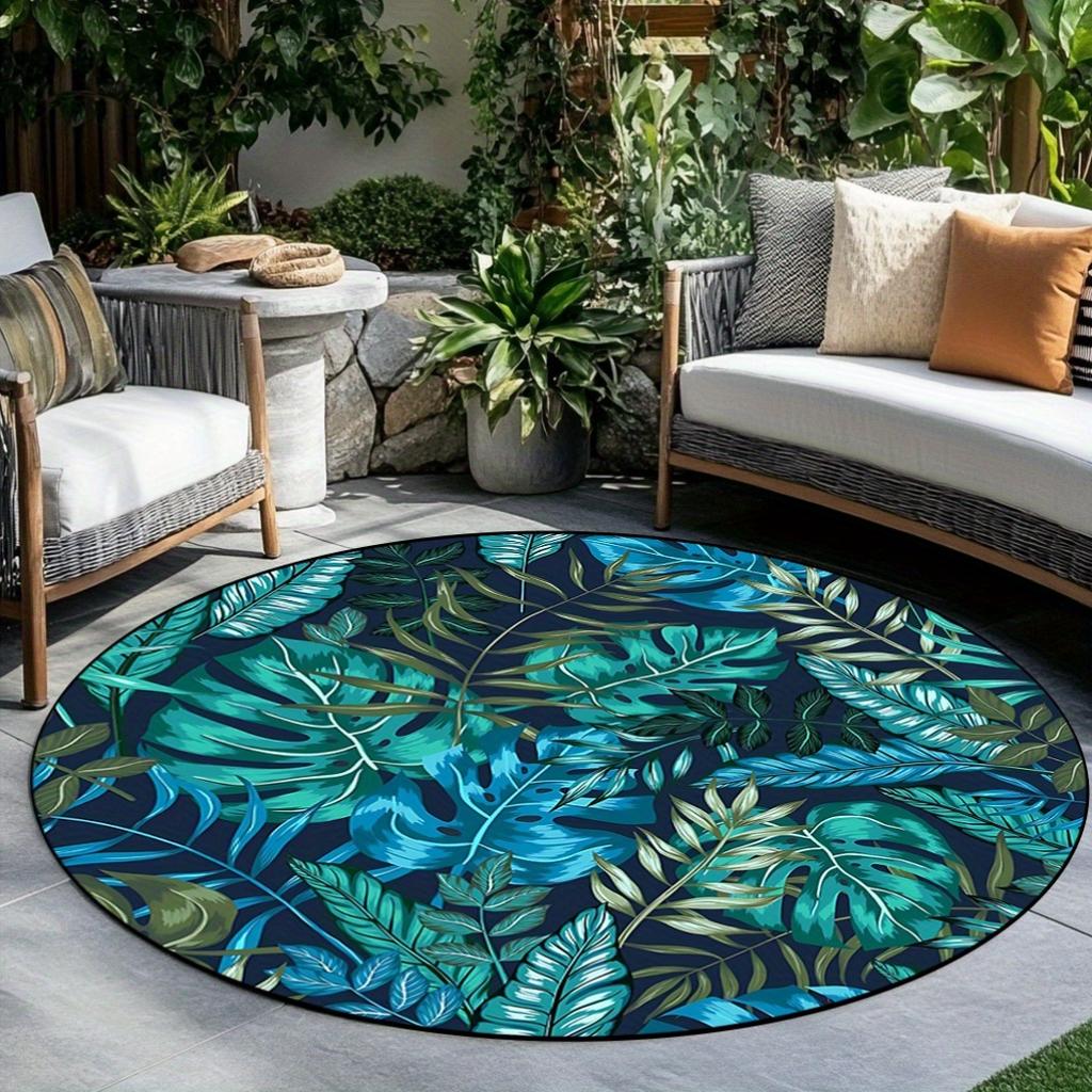 Tropical Leaf Pattern Round Rug Flannel Printed Outdoor Patio Mat Garden Decor Jungle Theme Furniture Home Interior Design