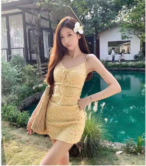Creamy yellow fashionable floral slip dress for women, 2026 summer pure and elegant style, slimming long and short skirt set S