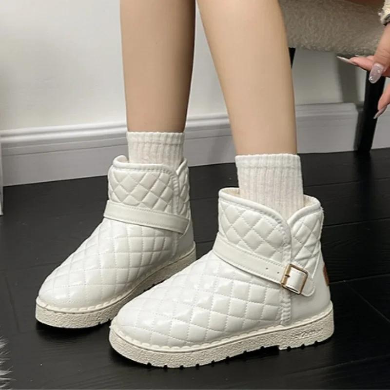 

Новые женские ботильоны 2024 года, женские плюшевые теплые зимние сапоги для снега из ПУ кожи, удобные повседневные ботинки на толстой подошве, без застежки для ходьбы 35 бежевый