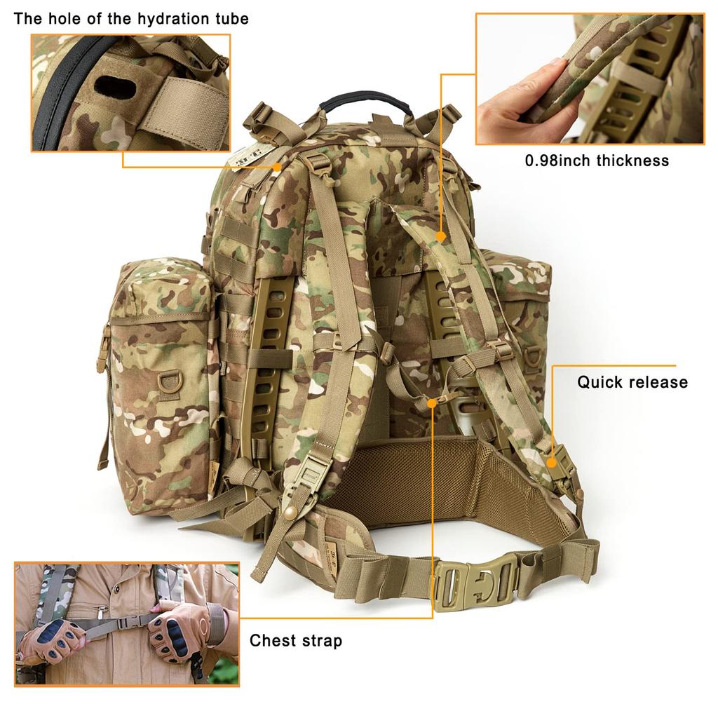 [Akmax.cn] Militärischer Molle II Rucksack, Armee Mittlerer Rucksack, 50L, mit Rahmen, für Outdoor-Aktivitäten, Wandern, Camping, MulticamGreen (Rahmen Multicam)