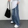 Men Baggy Cargo Jeans Multiple Pockets Solid Color Zipper Fly Loose Straight Wide Leg Pants Autumn Denim Trousers Streetwear