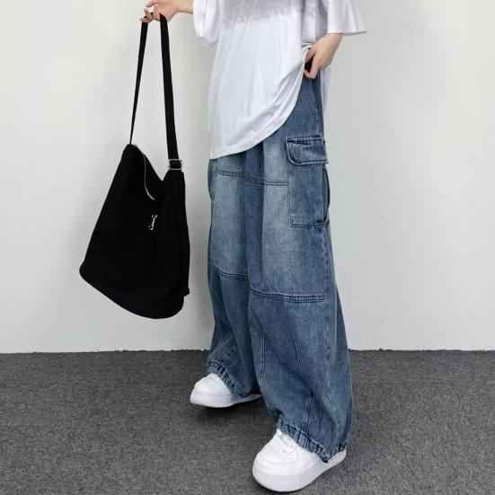 Men Baggy Cargo Jeans Multiple Pockets Solid Color Zipper Fly Loose Straight Wide Leg Pants Autumn Denim Trousers Streetwear