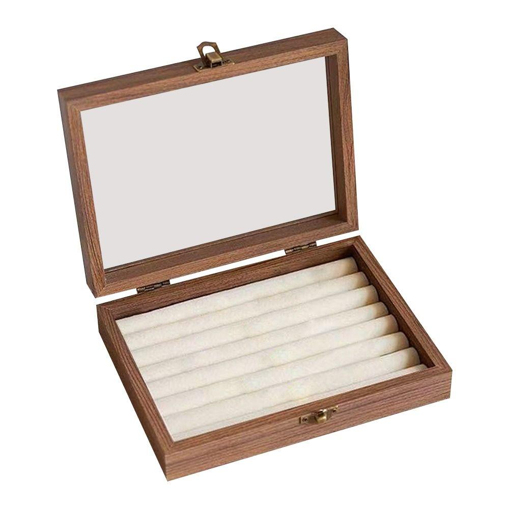 Walnussfarbene Schmuckaufbewahrungsbox Staubdichtes Design Samtmaterial Ringaufbewahrungsbox Glasdeckel Leichte Luxusverpackung