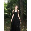 Wind One-word Shoulder Short-sleeved Dress Women's Summer New Temperament Waist Black Long Skirt