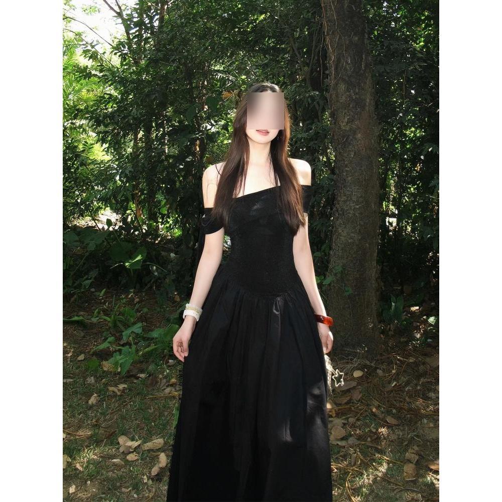 Wind One-word Shoulder Short-sleeved Dress Women's Summer New Temperament Waist Black Long Skirt