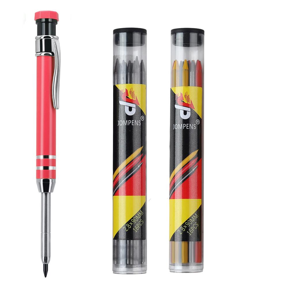 Professional Metal Carpenter Pencil Set with 2.8mm 2box Refill Lead, Deep Hole Woodworking Engineering Marking Tool красный