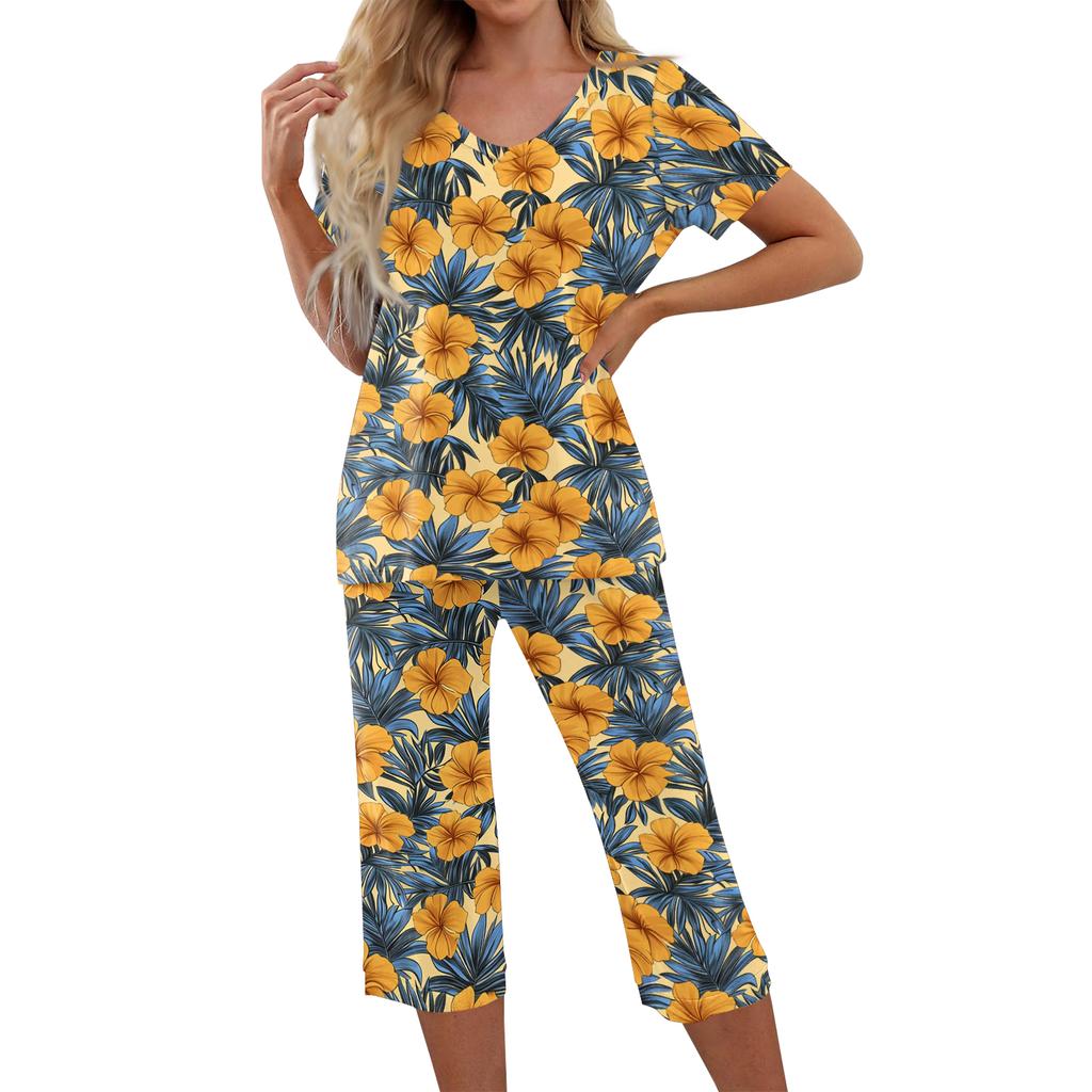 2 Piece Sets For Women Short Sleeve Top And Pants With Pockets Workout Soft  Print Sets