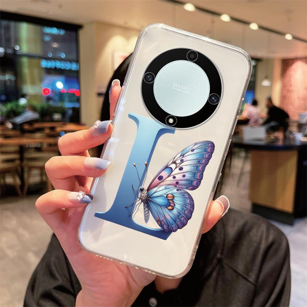 For Honor X9b X9a X9c Magic5 6 7 Lite Blue Butterfly Flower Letters A-Z Transparent Clear Women Phone Case Silicone Bumper Cover