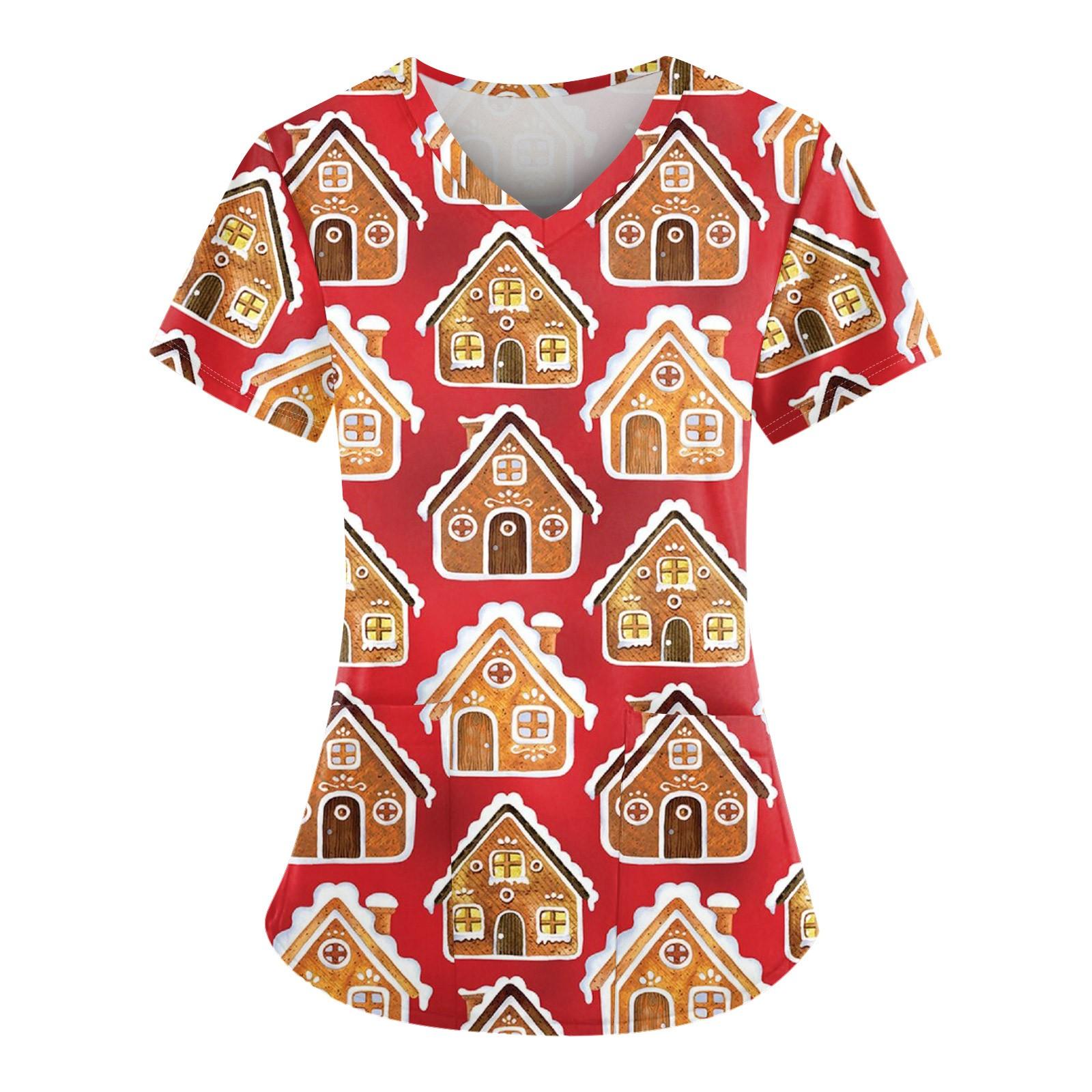 

Женская рождественская униформа с принтом, рабочая униформа, защитная рабочая форма с карманом и v-образным вырезом XL киноварь