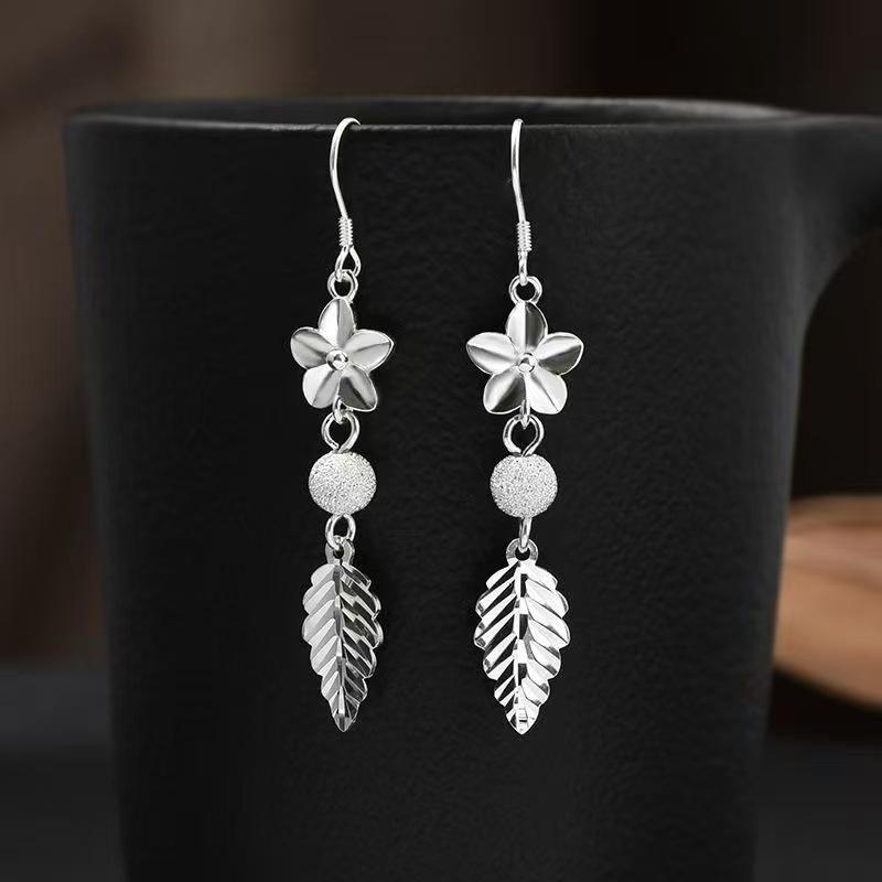 Stylish Frosted Bead Leaf Silver Earrings with Niche Design