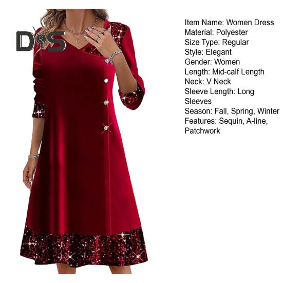 Fall Winter Women Dress Shiny Sequin Patchwork V Neck A Line Big Swing Long Sleeve Button Decor Solid Color Soft Warm Mid Calf Length Lady Midi Dress