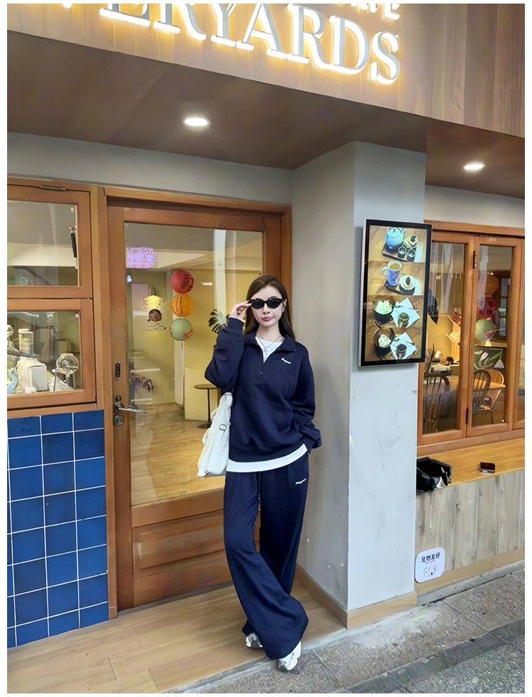 European Style Women's Thickened Stand-up Collar Sweatshirt Set - Fashionable Autumn/Winter Pure Cotton Casual Sportswear Two-Piece
