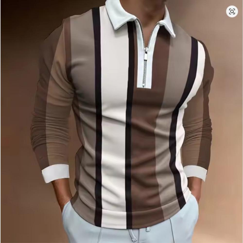 Men's 3D Stripe Printed Zipper Polo Shirt Long Sleeve Spring and Autumn Wear Trendy Brand Three-dimensional Pattern Casual Top