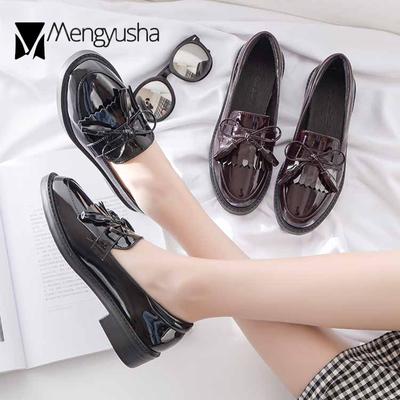 Fashion Fringe Japanned Leather Loafers Women Chunky Heels Espadrilles 34-40 Flats Student Bow-knot Tassel Samll Leather Shoes Woman2024