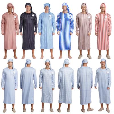 Mens Sissy Nightwear Striped Sleep Robe Long Sleeve Long Robe Pompom Adjustable Sleep Hat Arabian Pajamas