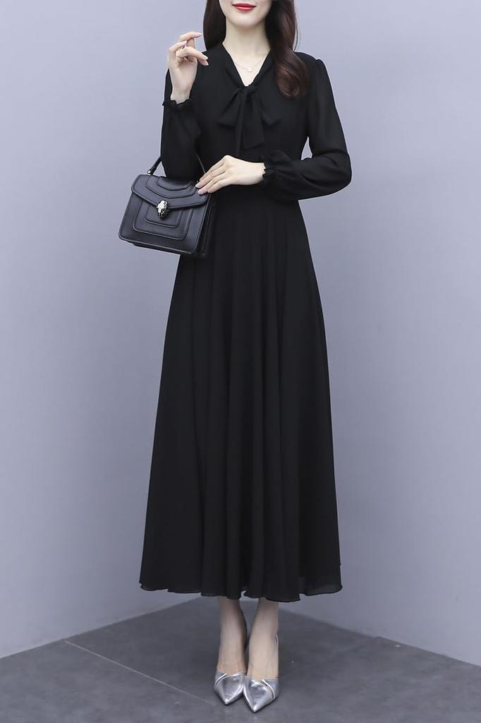 Long Chiffon Long Commuting [Chubikime] Dress, Sleeve, Women's, Spring, Summer, Autumn, A-Line, Simple, Solid, Ribbon, V-Neck, Elegant, Slimming,