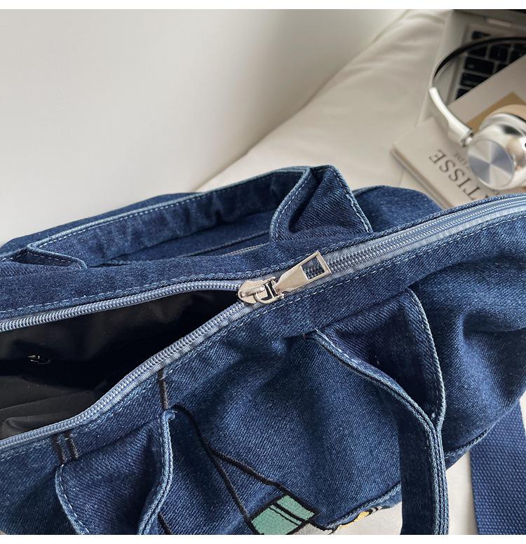 Korean Style Color Block Embroidery Denim Bag - Versatile Large Capacity Shoulder & Crossbody Bag