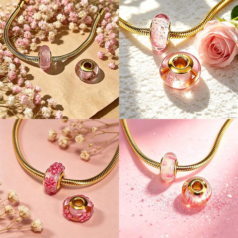 New Exquisite 925 Silver Colored Glass Beads Flowers Murano Bead Charms Fit DIY Bracelet Jewelry Fine Gift for Women