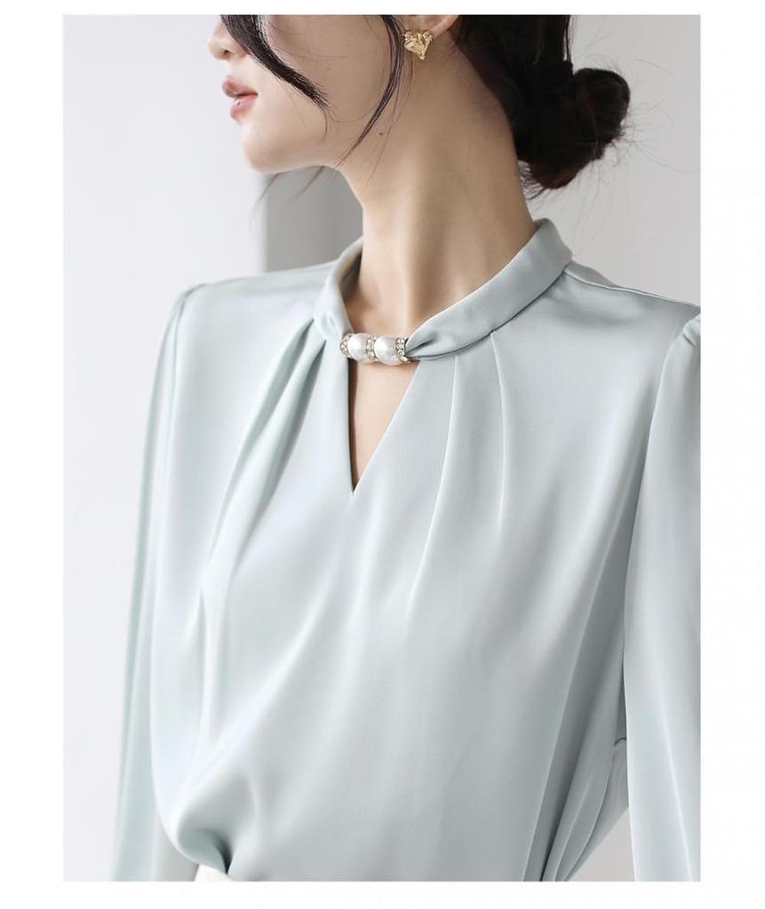 [SYitong] Women's Shirt Blouse, Stand Collar, Long Sleeves, Front Tuck, Stylish, Washable, Pearl, Elegant White Blouse, Relaxed Fit, Figure-Flattering