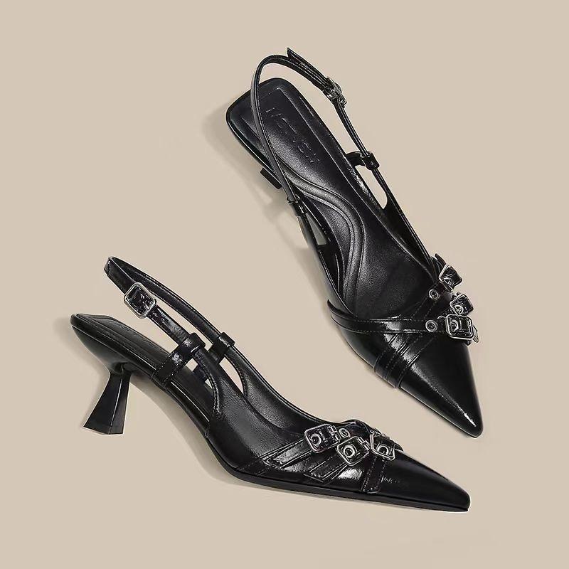 Fashion Summer New Baotou Sandals Women's Fashion Pointed Head Shallow Mouth Metal Buckle A Line with Non-slip High Heels