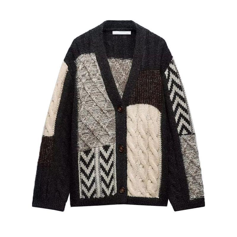 Za Fall and Winter New Preppy Style Cable-Knit Sweater Cardigan V Neck Loose and Idle Patchwork Knitting Outwear 9874104