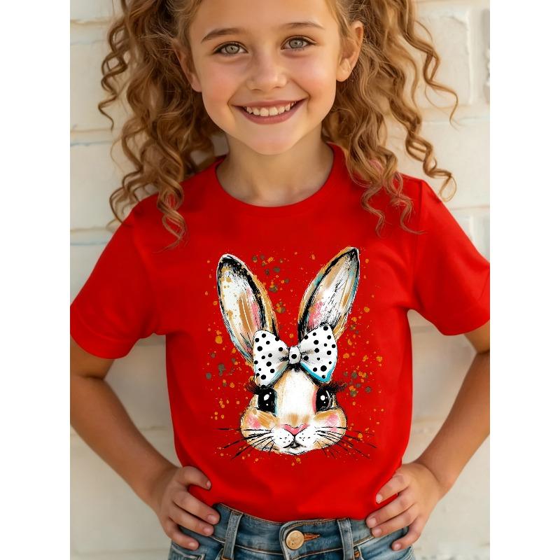 Easter Summer Fashion Girls Short-Sleeve T-Shirt with  Cartoon Print, Casual and Versatile