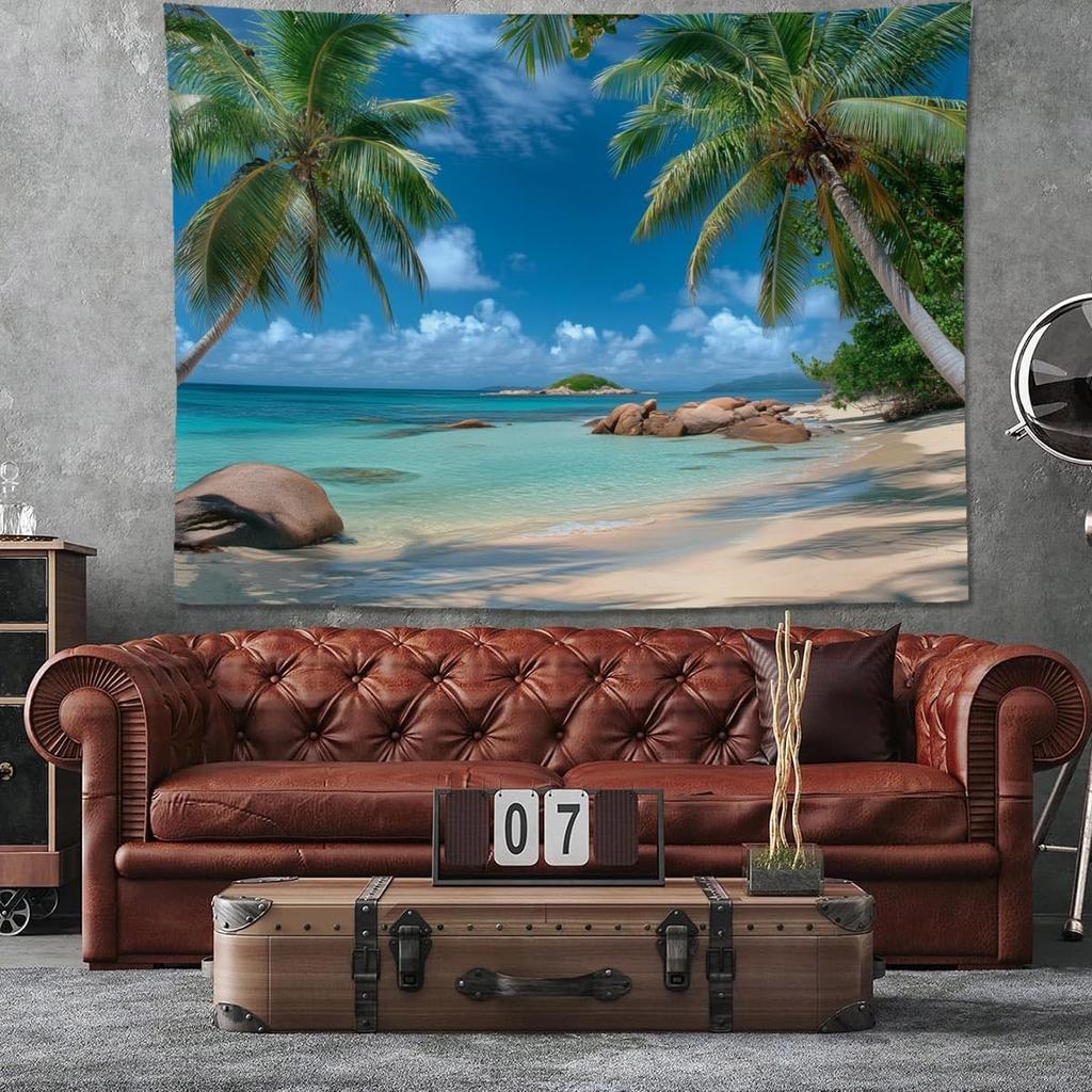 Beach Summer Ocean Tapestry Tropical Palm Trees Wall Hanging Decor With Blue Sky And Seaside Scenery, Nature Landscape Tapestry