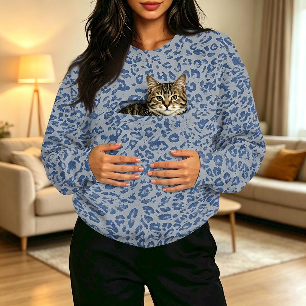 Damen Casual Pullover mit Rundhalsausschnitt, Langarm, Leopardenmuster, mit Brusttasche für Haustiere