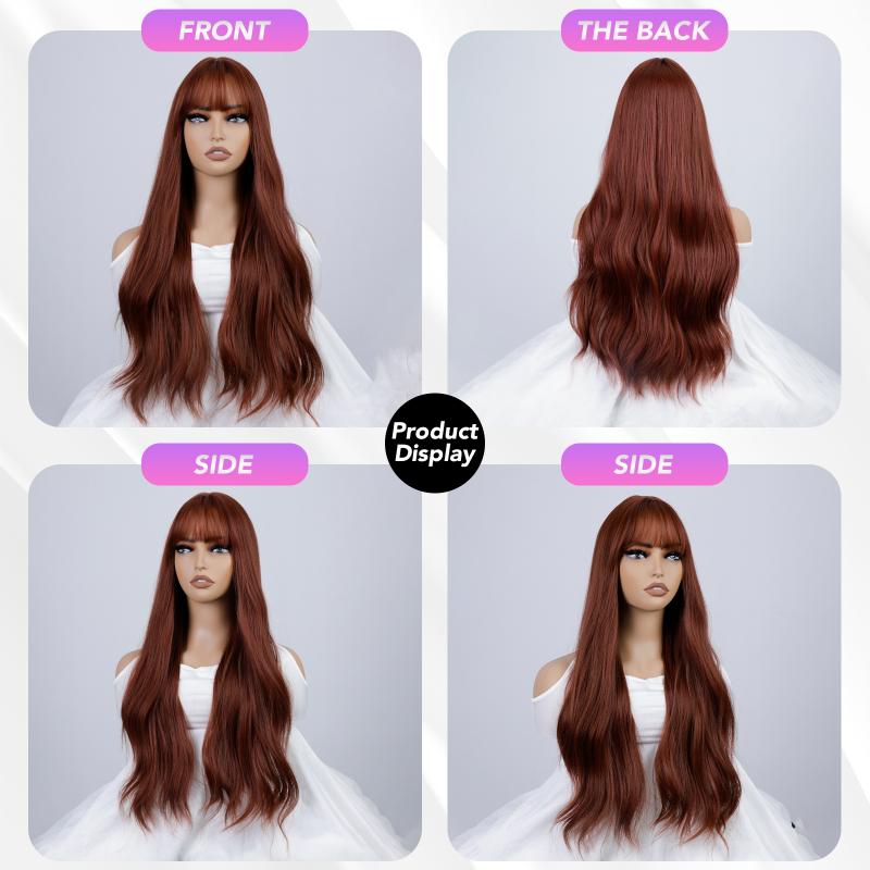 Red Brown Curly Wave Wigs Air Bangs 24 Inch  Fiber Synthetic Heat-resistant Deep Wave Hair Natural Party or Selfie Korean Fashion