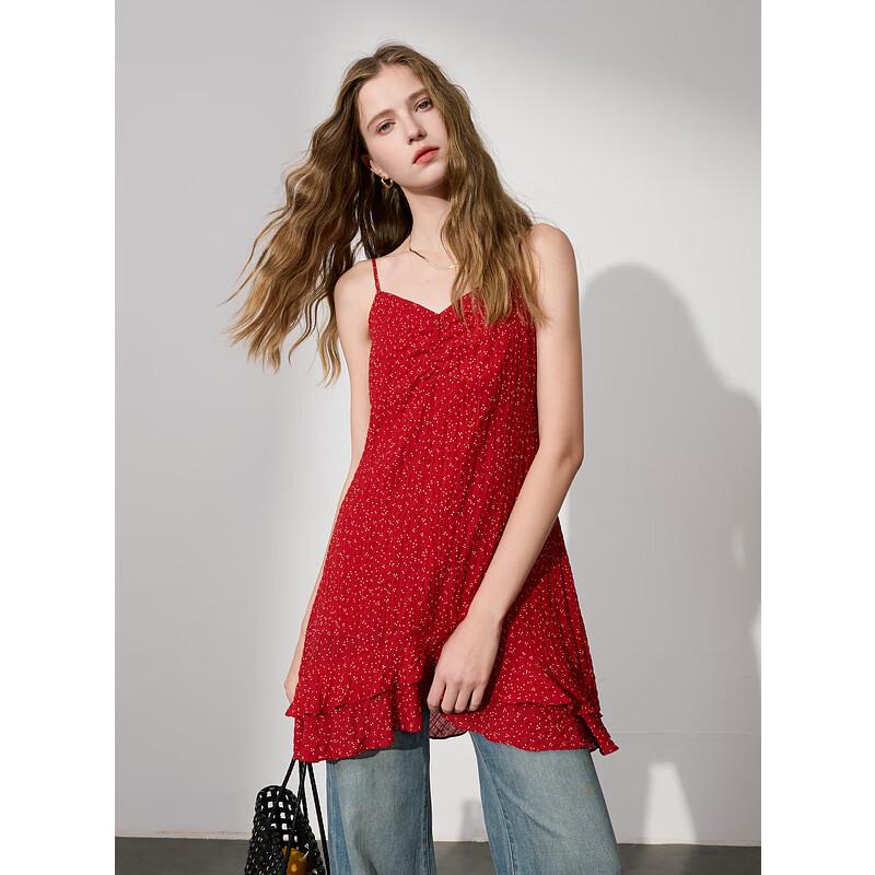 

San Cai 2025 Summer French Ruffle Polka Dot A-Line Camisole Short Dress M