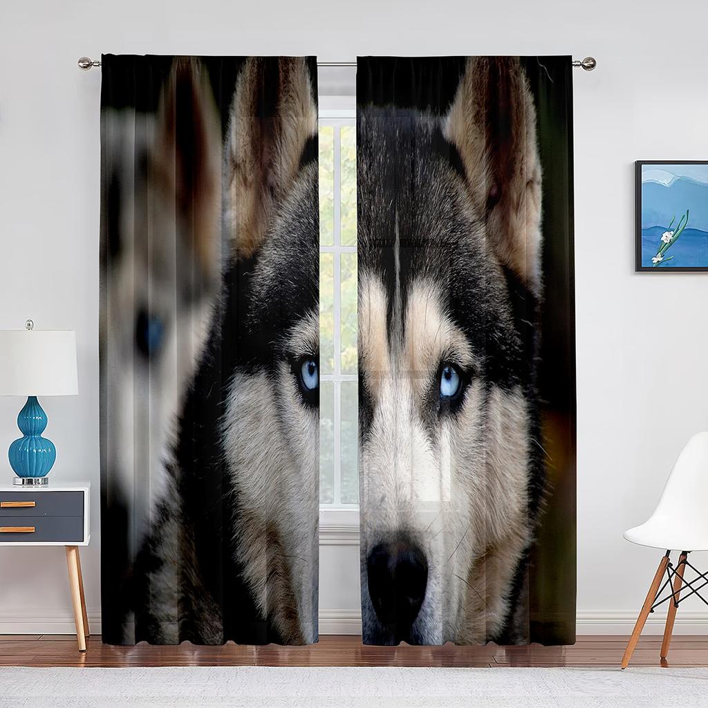 Winter Snow Husky Dog Cute Animal Puppy Sheer Voile Curtains for Living Room Bedroom Kitchen Decor Chiffon Tulle Window Curtains