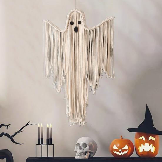 Halloween Ghost Decorations Hand-Woven Tassel Ghost White Rope Ghost Decor Hanging Ghost Wall Art Gift