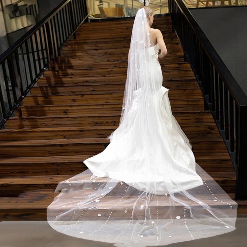 Romance Beaded Bridal Veils Long U Shape Chapel Train Veils For Bride Beach Church Wedding And Special Event Photoshoots