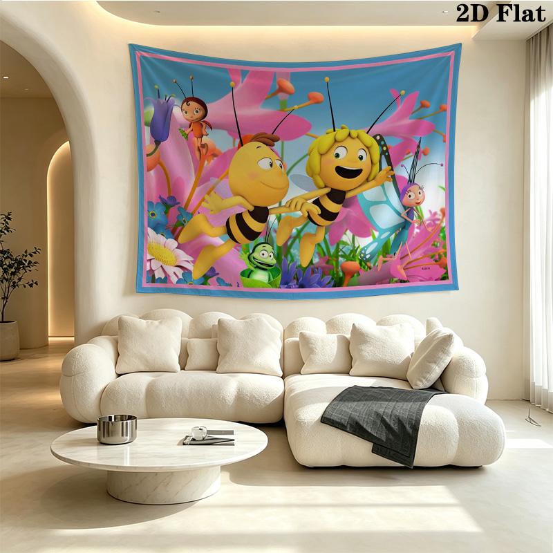Maya the Bee Tapestry, Cartoon La Abeja Maya & Friends Honeycomb Print Wall Hanging for Kids Bedroom Home Decor