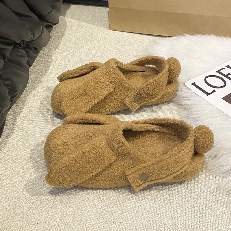 Cute Three-dimensional Rabbit Ears Fluffy Shoes Women Wear Versatile Fashion In Autumn and Winter, One-pedal Flat-bottomed Fluffy Cotton Shoes