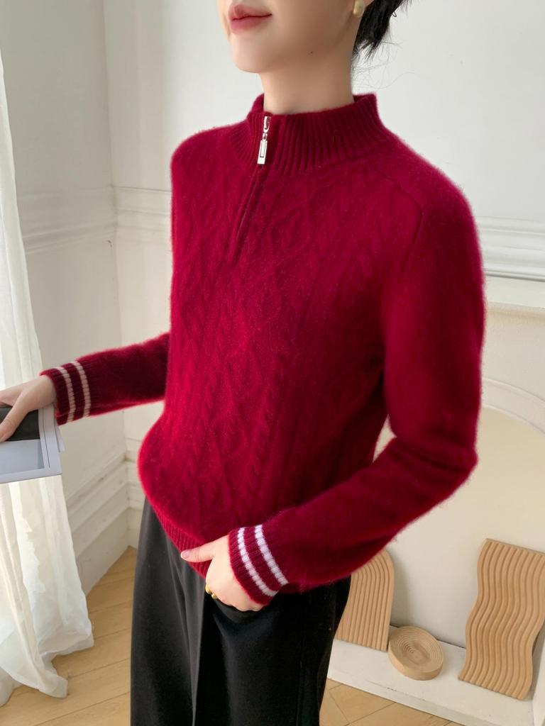 2025 Women's Autumn/Winter Half-Zip Stand Collar Cashmere Knit Sweater - Loose, Slimming, Thick Base Layer
