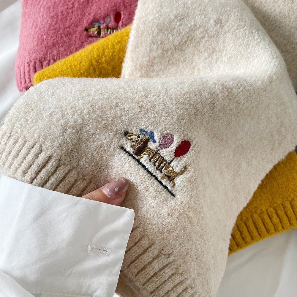Embroidery Solid Color Scarf Women's Winter Outdoor Warm Korean Version Fashion Versatile Knitted Neck Protection Small Scarf Scarf Wholesale