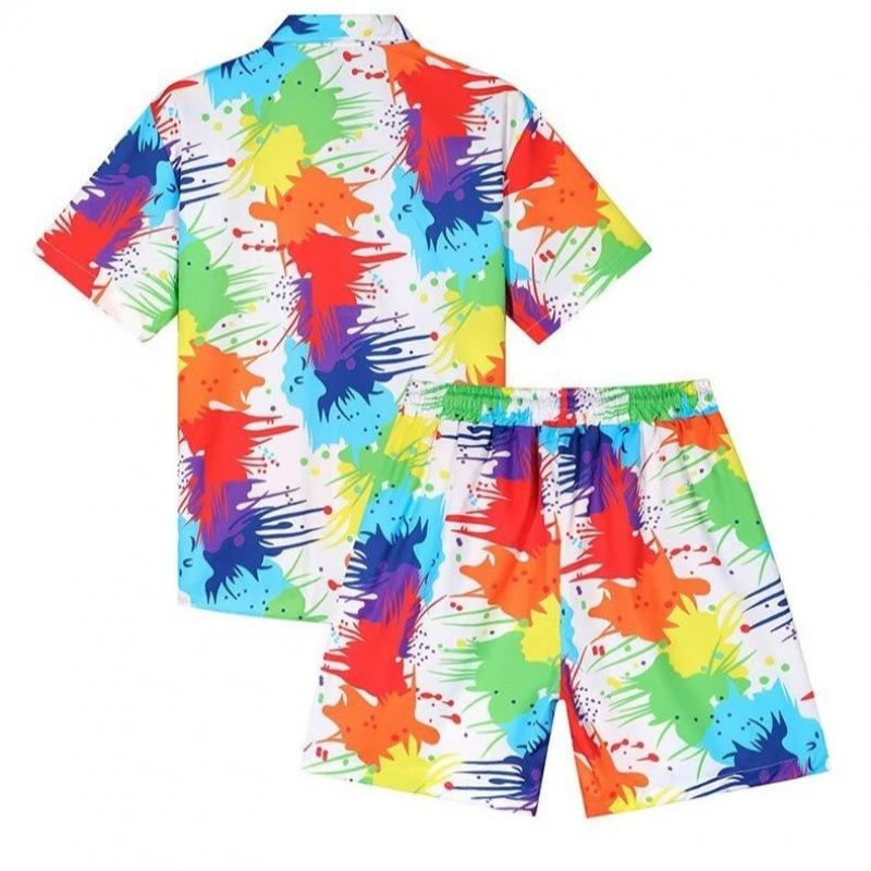 Classic Comfortable Tie-dye Watercolor Ink Color 3D Print Shirt +Shorts Two Piece Set Short Sleeve Flip Collar Shirts Half Pants