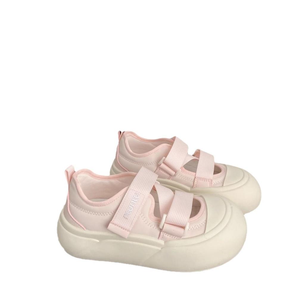 Pink hollow bread shoes female ugly cute summer new big head board shoes Mary Jane Velcro little white shoes