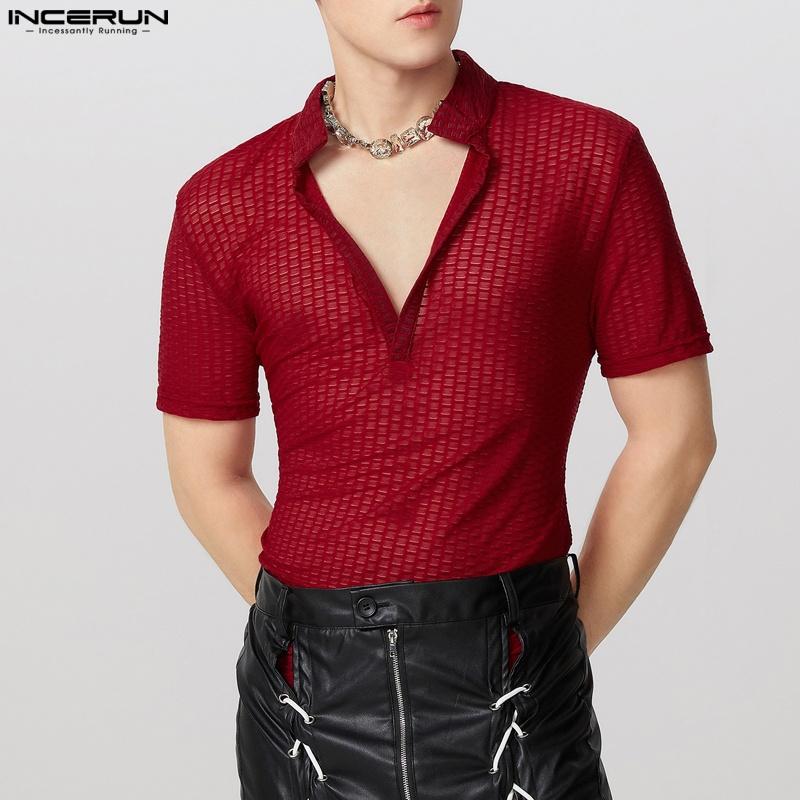 

INCERUN Мужские повседневные топы с V-образным вырезом и коротким рукавом из сетчатой ткани с прозрачной текстурой XL